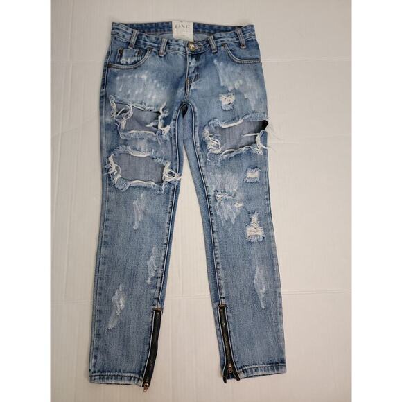 One Teaspoon Free Birds Jeans SZ 25 Trashed Womens Low Rise Tapered Ankle Zip - Picture 2 of 11